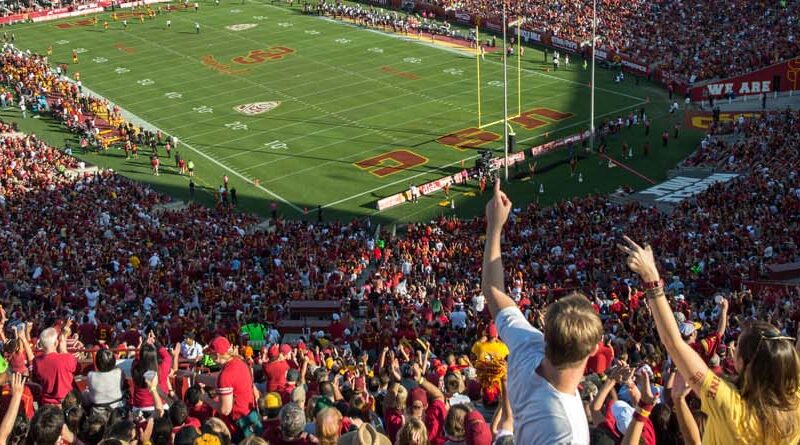 crowd of football fans in the stands at the LA Coliseum