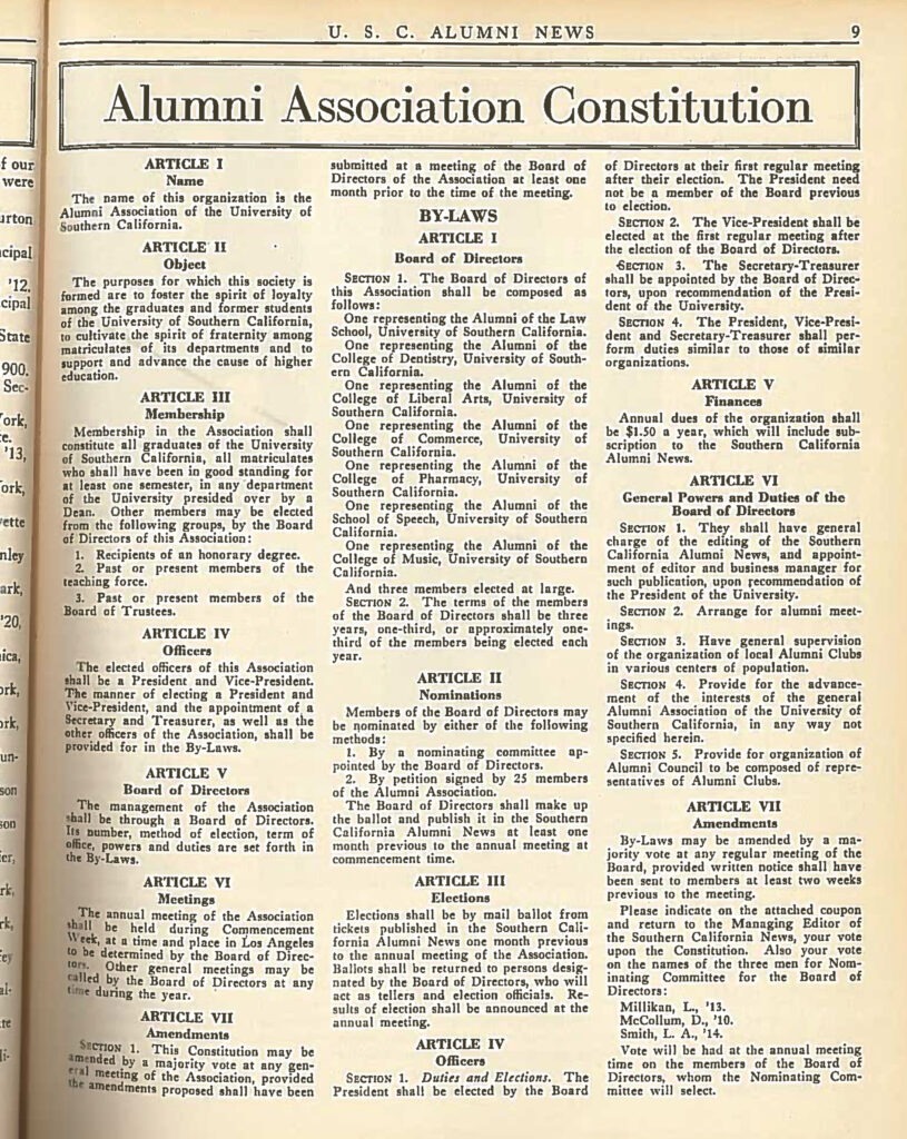 The original USC Alumni Association Constitution, proposed and ratified in 1923.