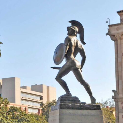 Tommy Trojan statue facing away from the camera