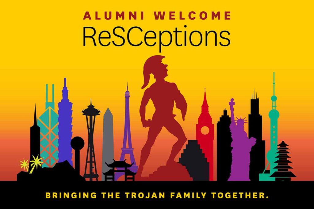 alumni welcome receptions graphic with skyline of buildings from various cities