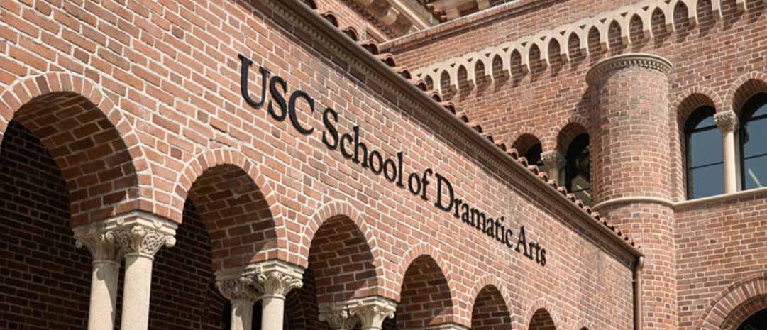 building with the name USC School of Dramatic Arts on the side