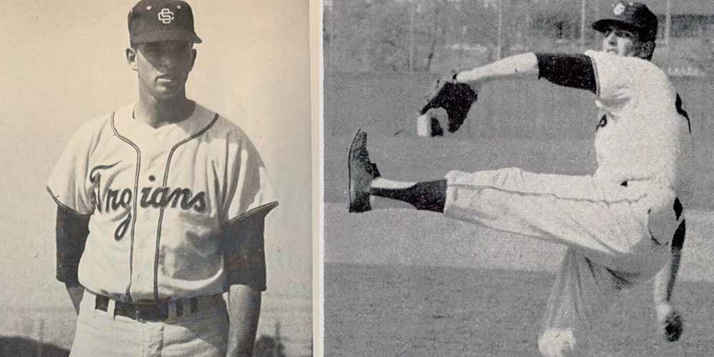 Bill Thom pitching for USC's baseball team in the 1950s